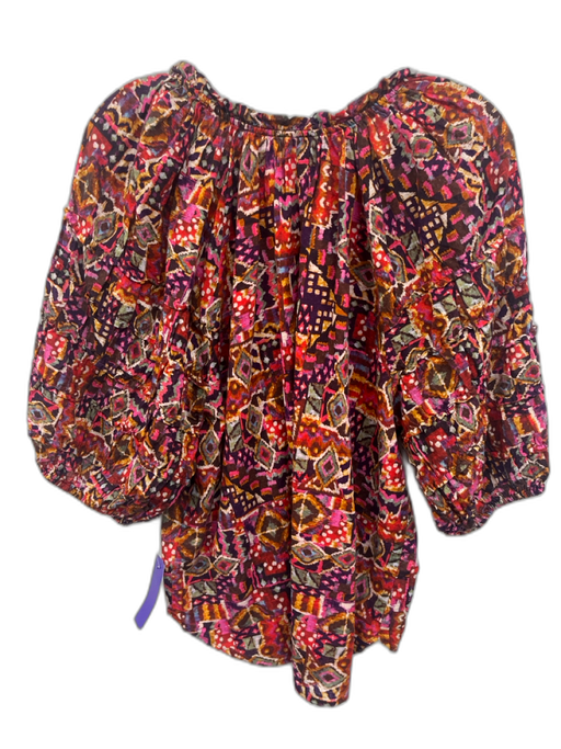 XiRENA Size L Purple, Red, Yellow Cotton Short Puff Sleeve Abstract Print Top Purple, Red, Yellow / L
