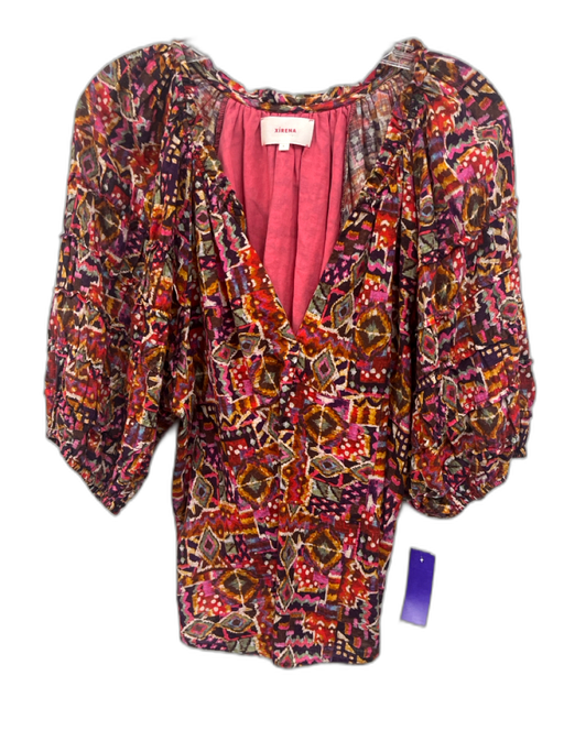 XiRENA Size L Purple, Red, Yellow Cotton Short Puff Sleeve Abstract Print Top Purple, Red, Yellow / L