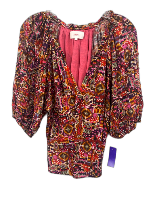 XiRENA Size L Purple, Red, Yellow Cotton Short Puff Sleeve Abstract Print Top Purple, Red, Yellow / L