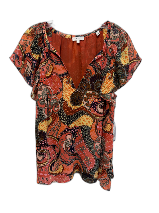 A.L.C. Size 6 Pink, Yellow, Brown Silk Short Sleeve Abstract Print Top Pink, Yellow, Brown / 6