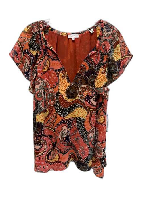 A.L.C. Size 6 Pink, Yellow, Brown Silk Short Sleeve Abstract Print Top Pink, Yellow, Brown / 6
