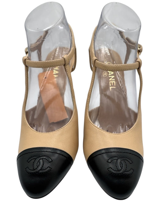 Chanel Shoe Size 38.5 Beige & Black Leather Almond Toe Toe Cap Slingback Pumps Beige & Black / 38.5