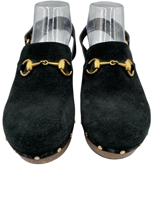 Gucci Shoe Size 38 Black, Brown, Gold Leather Suede Wood Sole Horsebit Clogs Black, Brown, Gold / 38