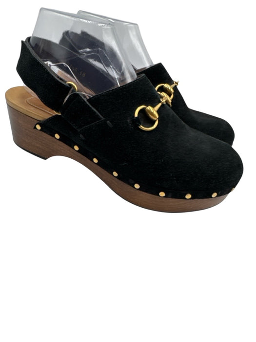 Gucci Shoe Size 38 Black, Brown, Gold Leather Suede Wood Sole Horsebit Clogs Black, Brown, Gold / 38