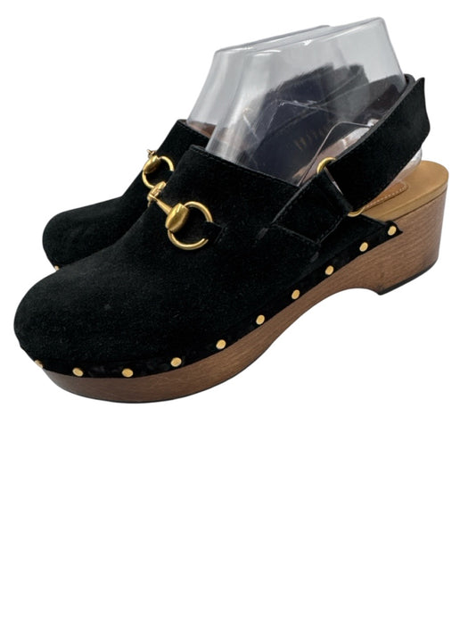 Gucci Shoe Size 38 Black, Brown, Gold Leather Suede Wood Sole Horsebit Clogs Black, Brown, Gold / 38