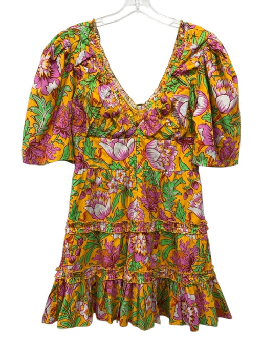Love The Label Size M Yellow, Purple, Green Cotton Half Sleeve Floral Mini Dress Yellow, Purple, Green / M