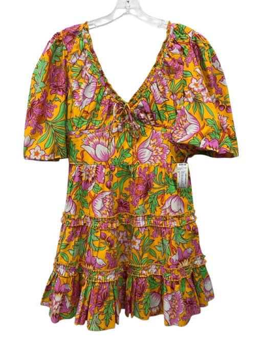 Love The Label Size M Yellow, Purple, Green Cotton Half Sleeve Floral Mini Dress Yellow, Purple, Green / M
