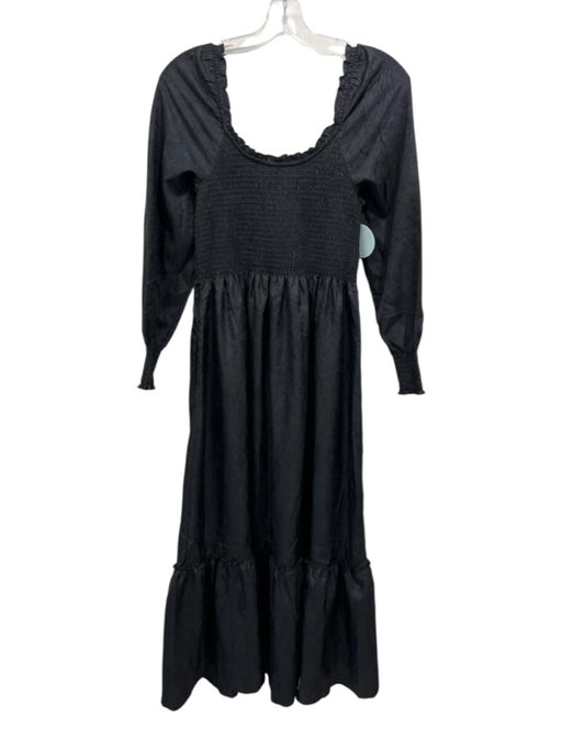 Hill House Size S Black Polyester Long Sleeve Textured Smocked Midi Dress Black / S