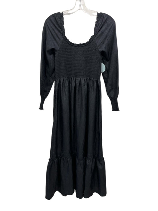 Hill House Size S Black Polyester Long Sleeve Textured Smocked Midi Dress Black / S