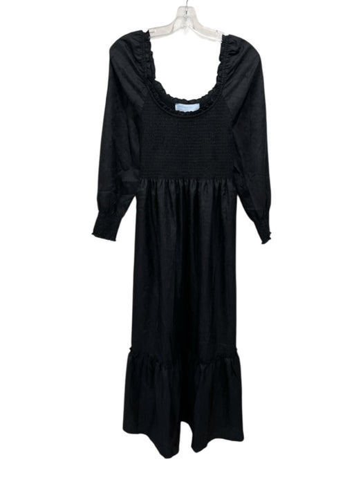 Hill House Size S Black Polyester Long Sleeve Textured Smocked Midi Dress Black / S
