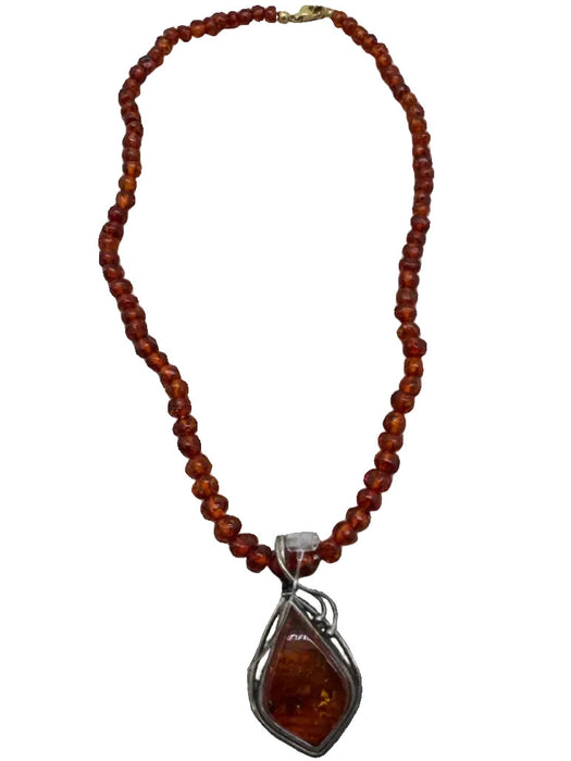 Orange & Silver Amber 925 Silver Tear Drop Pendant Lobster Clasp Necklace