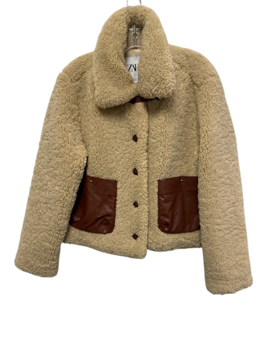 Zara Size M Beige & Brown Polyester Teddy Bear faux leather Sherpa Fleece Jacket Beige & Brown / M