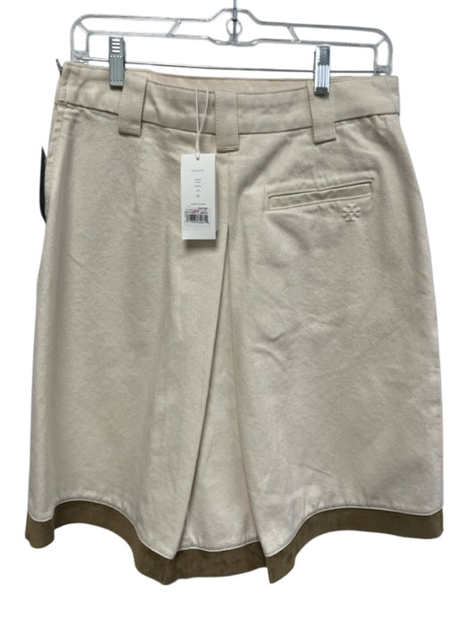 Tory Burch Size 4 Cream & Green Cotton & Leather Denim Side Zip Pleat Skirt Cream & Green / 4