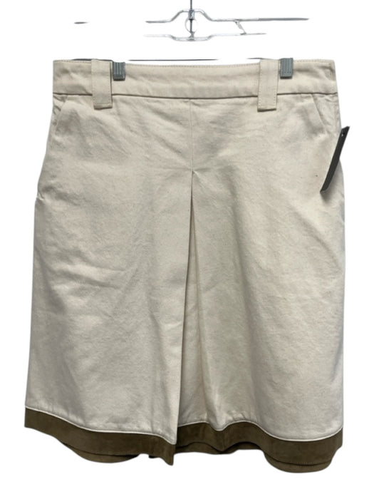 Tory Burch Size 4 Cream & Green Cotton & Leather Denim Side Zip Pleat Skirt Cream & Green / 4