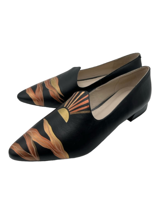 Alepel Shoe Size 10 Black, Orange, Gold Leather Painted Sun Pointed Toe Loafers Black, Orange, Gold / 10