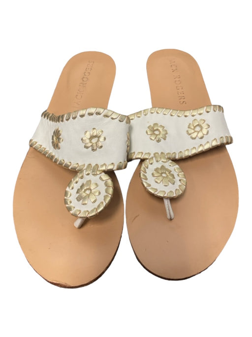 Jack Rogers Shoe Size 8 White & Gold Leather round toe Thong Flat Wedge Sandals White & Gold / 8