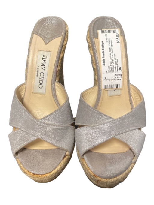 Jimmy Choo Shoe Size 36 Silver & tan Leather Raffia Platform Wedge Shoes Silver & tan / 36