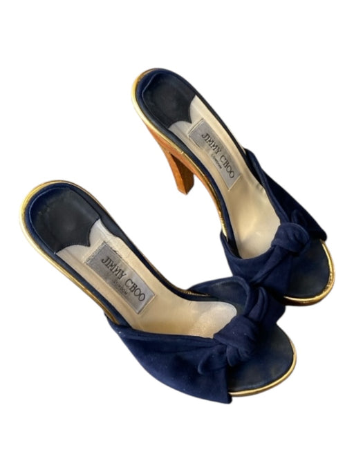 Jimmy Choo Shoe Size 37 Navy & Brown Suede & Wood Peep Toe Tie Detail Heel Shoes Navy & Brown / 37