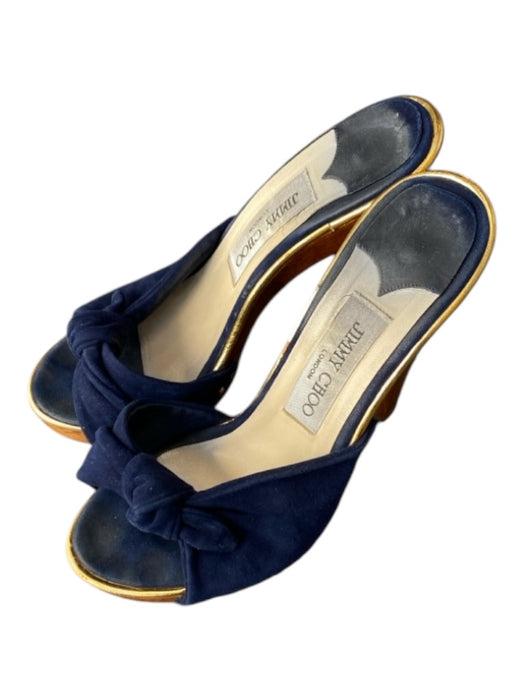 Jimmy Choo Shoe Size 37 Navy & Brown Suede & Wood Peep Toe Tie Detail Heel Shoes Navy & Brown / 37