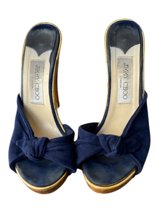 Jimmy Choo Shoe Size 37 Navy & Brown Suede & Wood Peep Toe Tie Detail Heel Shoes Navy & Brown / 37