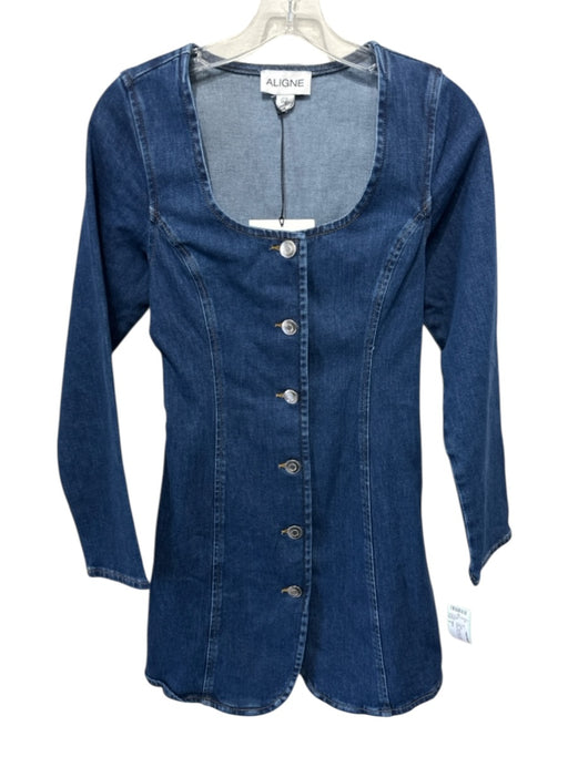 Aligne Size 2 Blue Wash Cotton Blend Denim Button Front Long Sleeve Mini Dress Blue Wash / 2