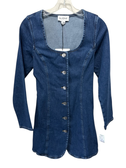 Aligne Size 2 Blue Wash Cotton Blend Denim Button Front Long Sleeve Mini Dress Blue Wash / 2