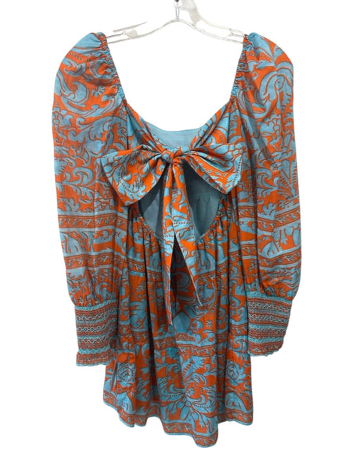 Alice + Olivia Size XS Blue & Orange Cotton & Silk Long puff sleeve Mini Dress Blue & Orange / XS