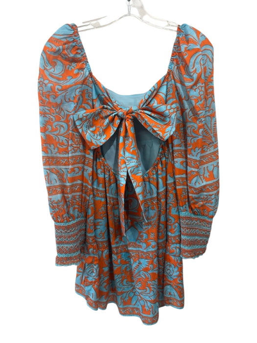Alice + Olivia Size XS Blue & Orange Cotton & Silk Long puff sleeve Mini Dress Blue & Orange / XS