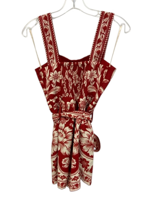 Farm Rio Size XS Red & White Linen & Viscose Sleeveless Floral Print Sash Romper Red & White / XS