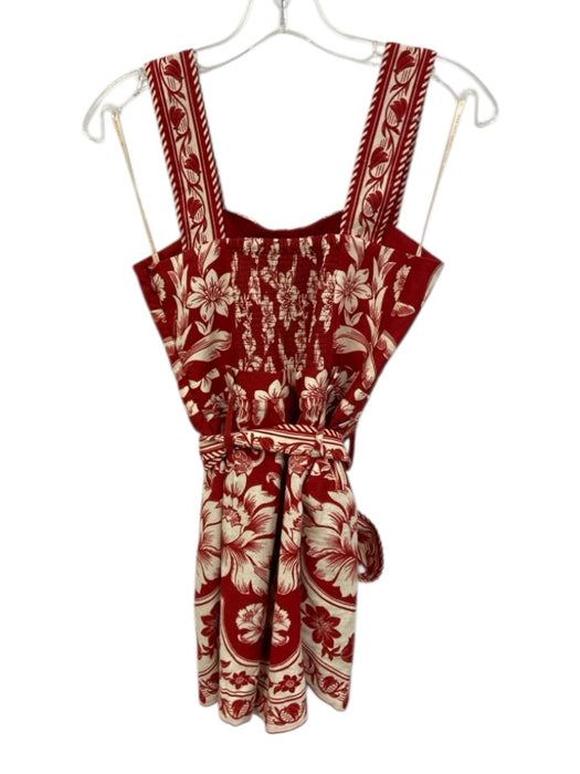 Farm Rio Size XS Red & White Linen & Viscose Sleeveless Floral Print Sash Romper Red & White / XS