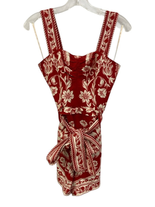 Farm Rio Size XS Red & White Linen & Viscose Sleeveless Floral Print Sash Romper Red & White / XS