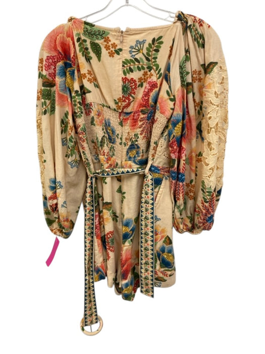 Farm Rio Size XS Pink, Blue, Multi Linen & Viscose Long puff sleeve Belt Romper Pink, Blue, Multi / XS
