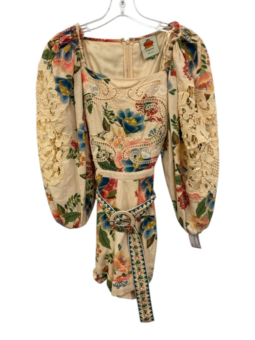 Farm Rio Size XS Pink, Blue, Multi Linen & Viscose Long puff sleeve Belt Romper Pink, Blue, Multi / XS