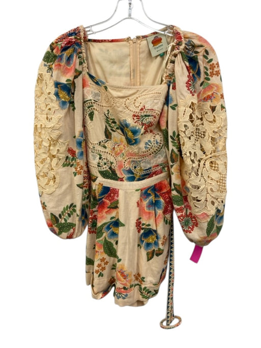 Farm Rio Size XS Pink, Blue, Multi Linen & Viscose Long puff sleeve Belt Romper Pink, Blue, Multi / XS