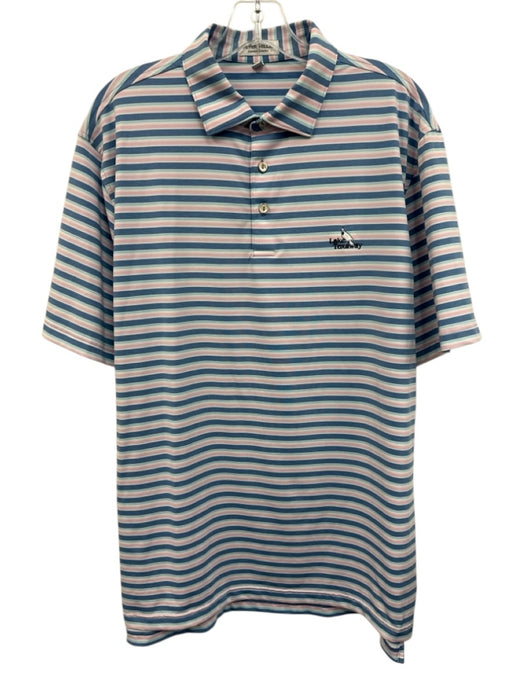 Peter Millar Size L Blue, Pink & White Polyester Striped Polo Men's Short Sleeve Blue, Pink & White / L