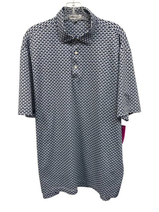 Peter Millar Size L Blue & White Polyester All Over Print Polo Short Sleeve Blue & White / L