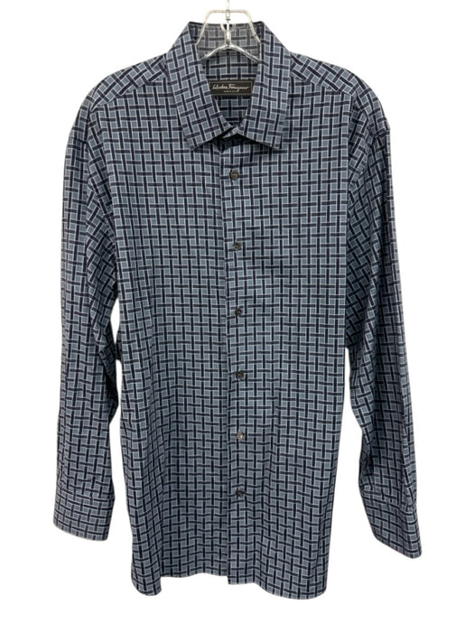 Salvatore Ferragamo Size XL Blue & Navy Print Cotton Men's Long Sleeve Shirt Blue & Navy Print / XL