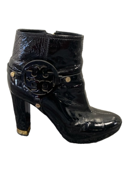 Tory Burch Shoe Size 6.5 Black Patent Leather Side Zip Logo Almond Toe Booties Black / 6.5