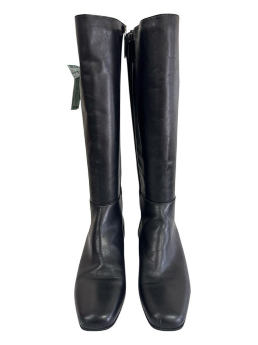 Aquatalia Shoe Size 8.5 Black Leather Stacked Heel Square Toe Zipper Booties Black / 8.5