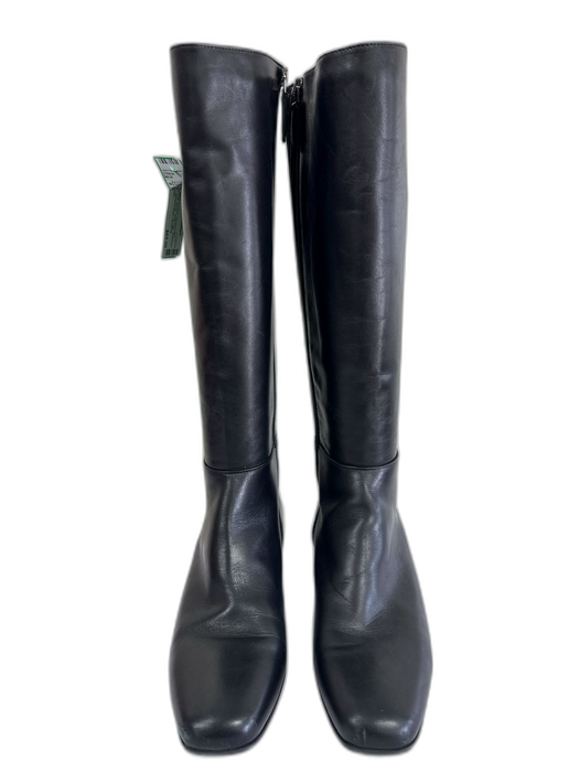 Aquatalia Shoe Size 8.5 Black Leather Stacked Heel Square Toe Zipper Booties Black / 8.5