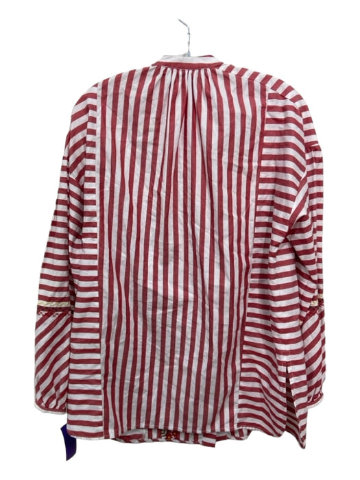 Silvia Tcherassi Size L Red White Yellow Cotton Floral Embroidered Striped Top Red White Yellow / L