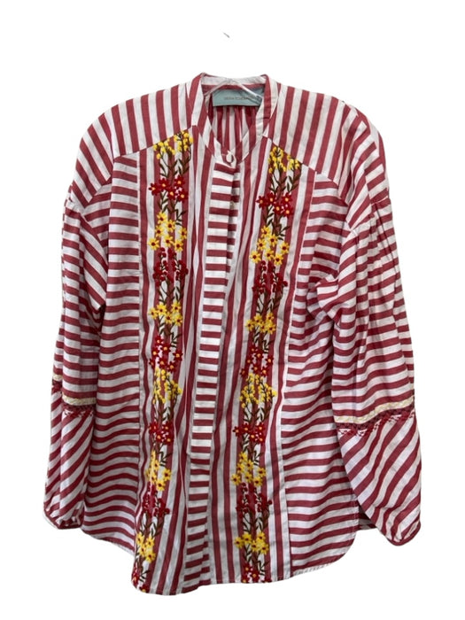 Silvia Tcherassi Size L Red White Yellow Cotton Floral Embroidered Striped Top Red White Yellow / L