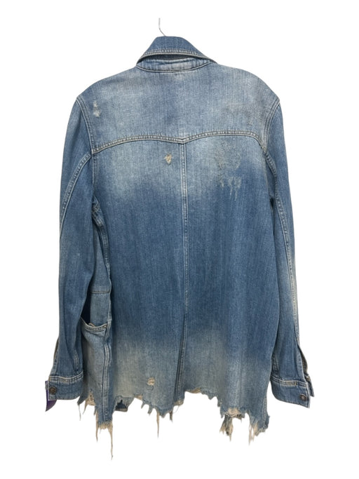 Free People Size S Med Wash Cotton Denim Collared Button Up Distressed Jacket Med Wash / S