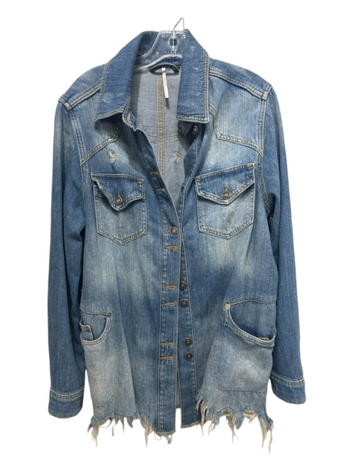 Free People Size S Med Wash Cotton Denim Collared Button Up Distressed Jacket Med Wash / S