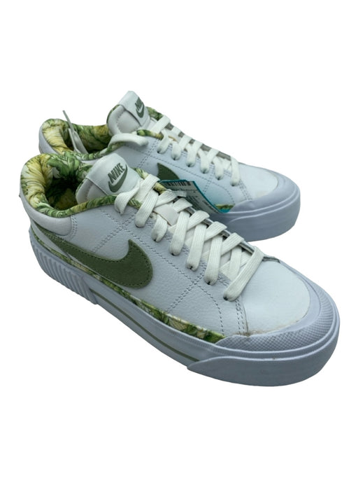 Nike Shoe Size 6 White & Green Leather Lace Up Low Top Floral Detail Sneakers White & Green / 6