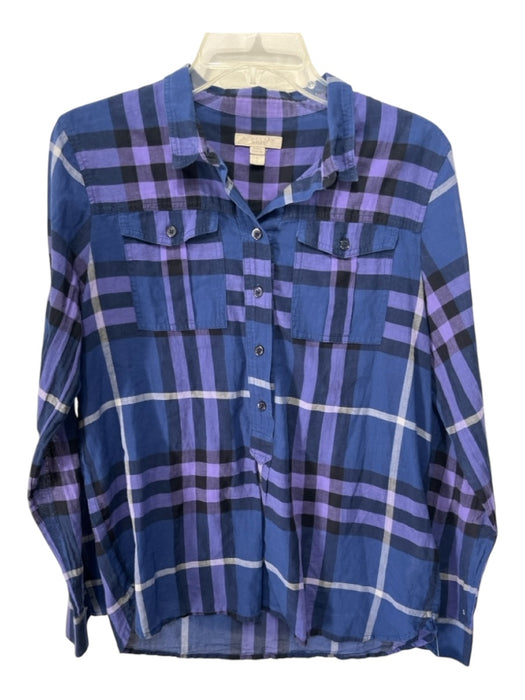 Burberry Brit Size Large Blue, Purple, White Cotton Long Sleeve Plaid Collar Top Blue, Purple, White / Large