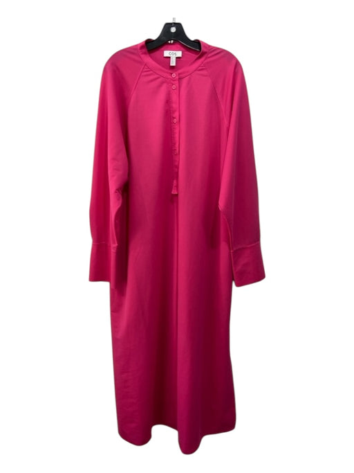 COS Size L Pink Cotton & Polyester Maxi Half Button Tunic Long Bell Sleeve Dress Pink / L