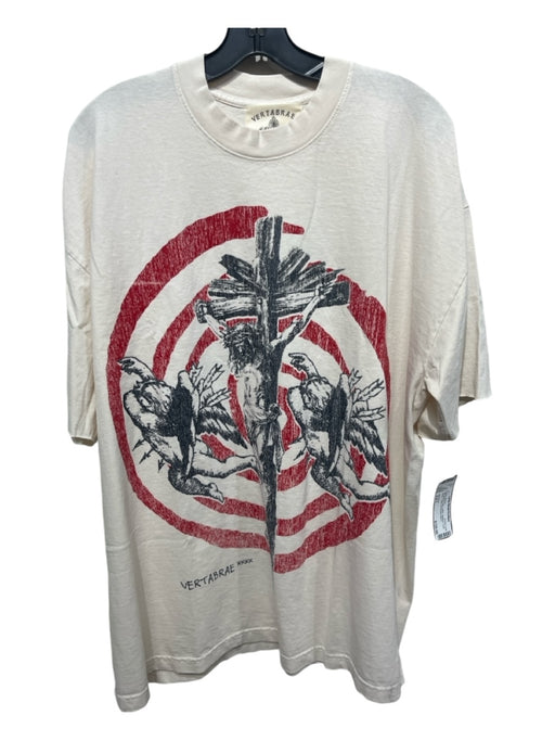 Vertabrae Size Est L Off White & Red Cotton Abstract Crew Neck Short Sleeve Est L