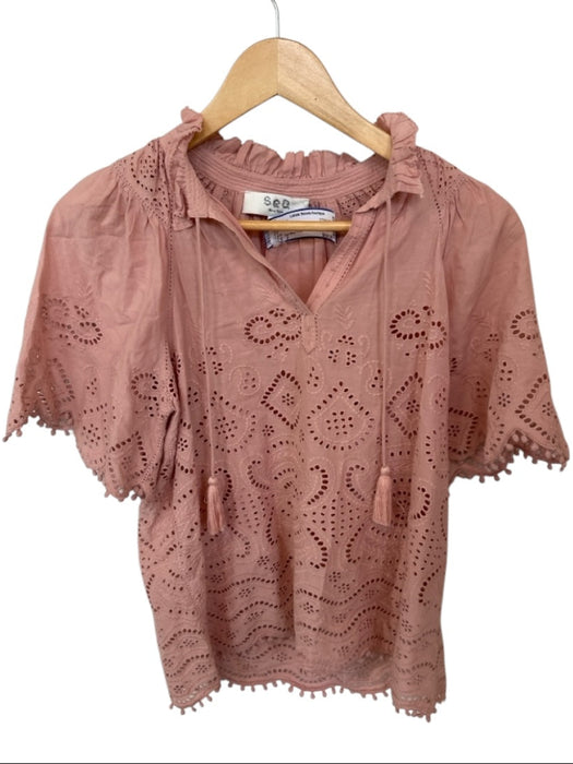 Sea New York Size 2 Pink Cotton Short Sleeve Eyelet Top Pink / 2