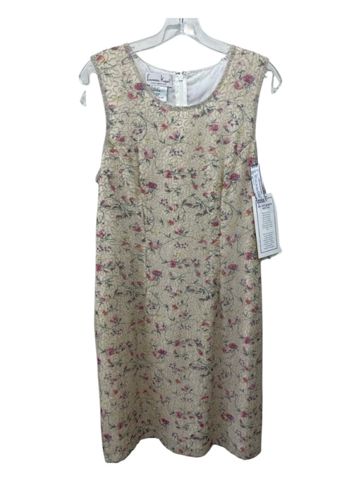 Laurence Kazar Size 14 Cream, Pink, Green Silk Beaded Floral Knee Length Dress Cream, Pink, Green / 14